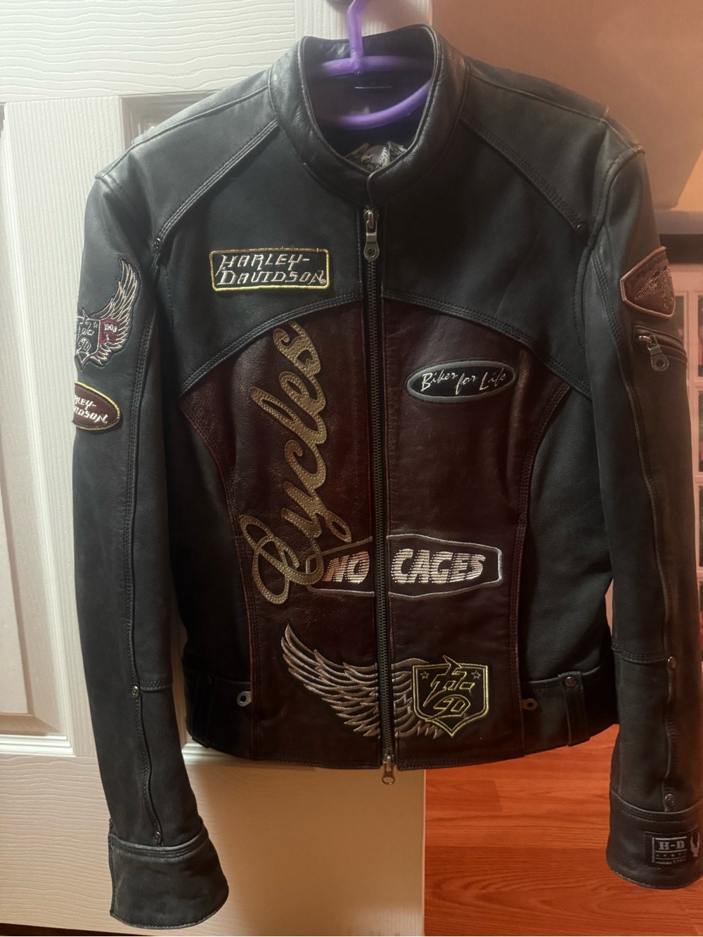 Harley-Davidson Black and Brown Leather Patchwork Women’s Biker Jacket - Picture 4 of 9